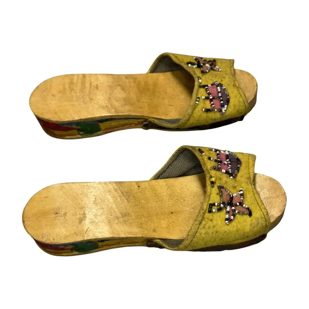 Vintage Wooden Slide Mules Beaded Vamp Folk Art Painted Sole Size 6 - Picture 3 of 9
